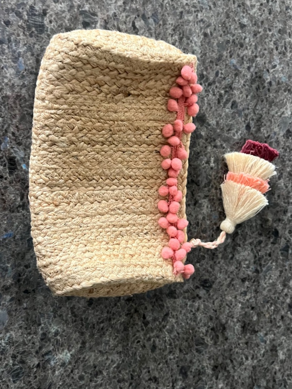 Shiraleah  Straw Woven Clutch with Pink Pom Trim and Tassel